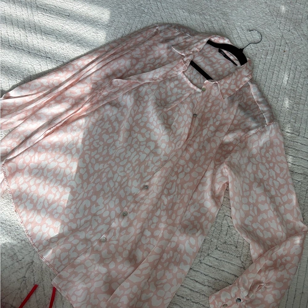 Zara Light Pink and White Printed Button-Down Shirt for woman